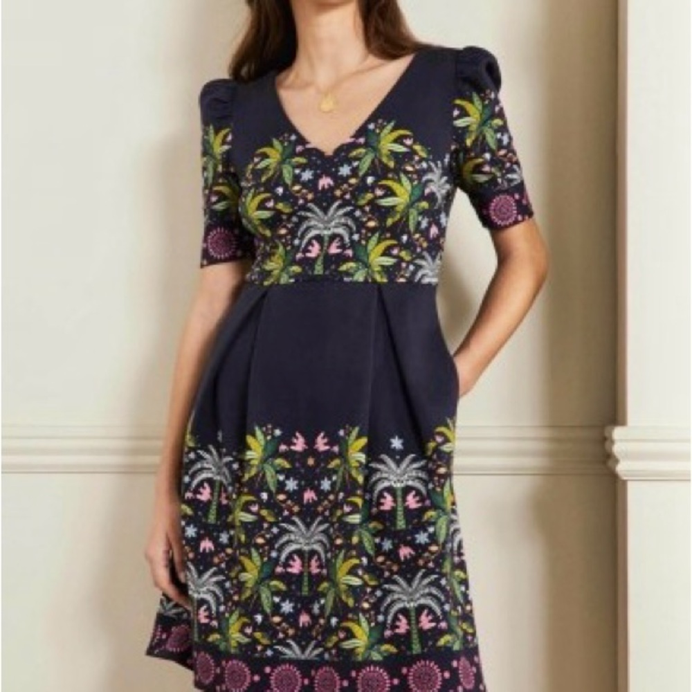 Boden Puff Sleeve Dress Women’s Navy Blue Floral V Neck Womens US 6R Stretch